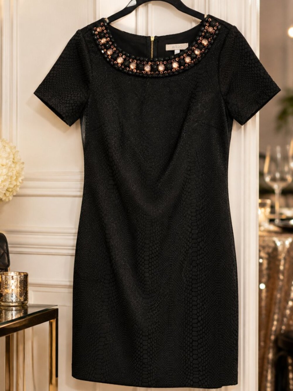 HALO Black Textured Sheath Dress Embellished Neckline Cocktail Party Size
